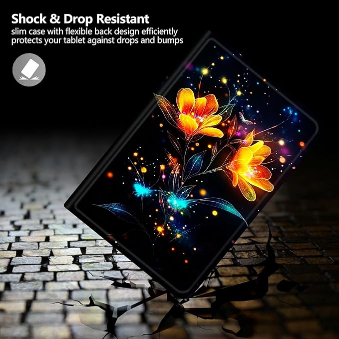 Case for Amazon Fire HD 8 Tablet (8th/7th/6th Generation 2018/2017/2016 Release) PU Leather Smart Protective Cover with Auto Sleep/Wake for Fire HD 8 2018/2017/2016Flowers with Glowing Fireflies