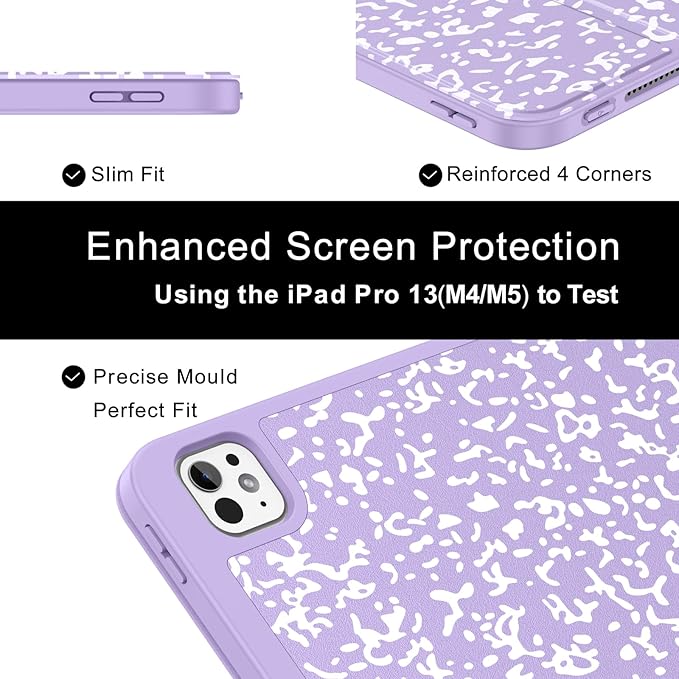 Soke Case for New iPad Pro 13 Inch (M5/M4 2025/2024 Release) with Pencil Holder Trifold Stand Shockproof [Support Apple Pencil Charging + Auto Wake/Sleep] Soft TPU Back Cover Book Lilac