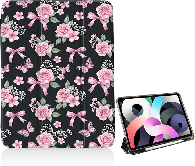 Spring Garden Butterfly Bow Case for iPad Air 13 Inch M3 2025/M2 2024[Pencil Holder+Auto Sleep/Wake]Slim Trifold Stand Protective Cover with Soft TPU BackBlack