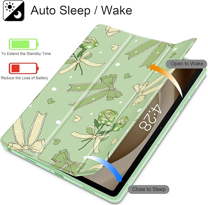Tuiklol for Samsung Galaxy Tab A9+ Tablet 11” / A9+ Plus 2024 2023Buit-in S-Pen Holder with Clear Protective Cover Transparent Back Shell Auto Wake/Sleep Samsung Tab A9 Plus CoverBow &amp Rose Gree