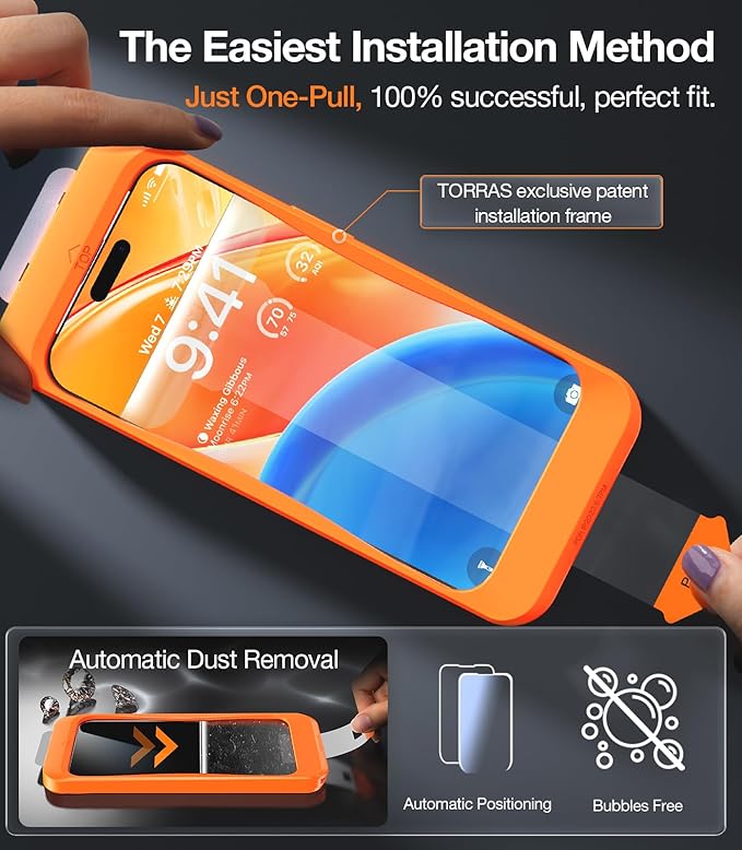 TORRAS Military-Grade Screen Protector for iPhone 15 Pro Max [9H+ Aerospace Tempered Glass＆12FT Shatterproof ] One-Step Installation Full Coverage Fit Bubble Free Top-Notch Protection 2 Pack