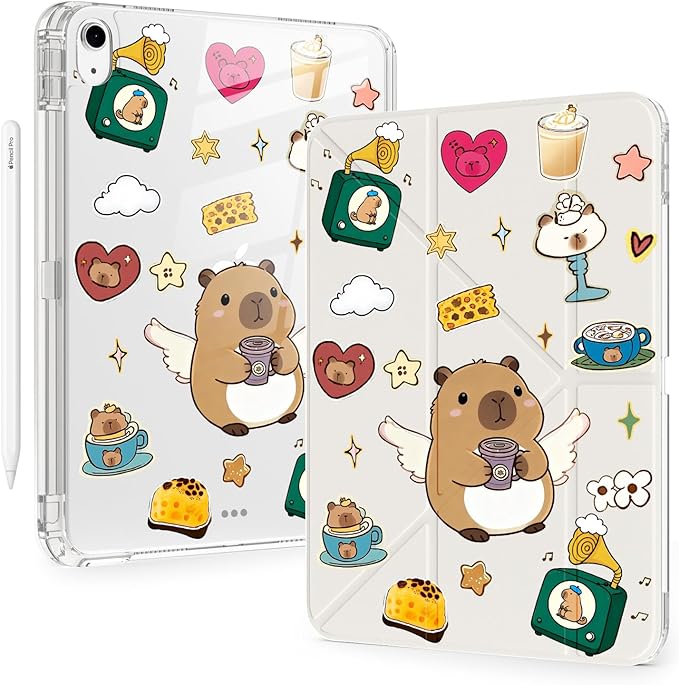 Cute Kawaii Capybara for iPad Air5/Air4 Case with Pencil Holder Auto Sleep/Wake White Leather Acrylic Back Detachable Cover for iPad 10.9 Inch 2022/2020
