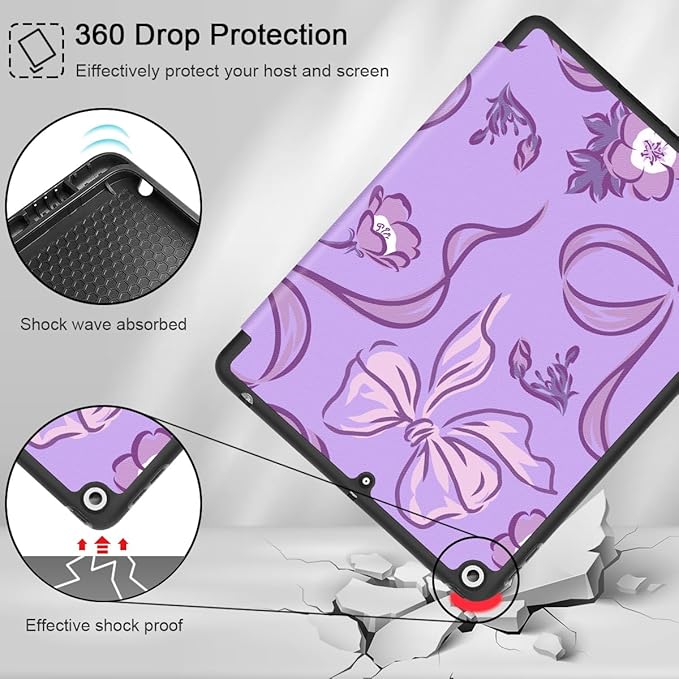 Mektron Designed Printed iPad 10.2 Case 9th Gen (2021)/ 8th Gen (2020)/ 7th Gen (2019) with Pencil Holder Slim Protective Case with Soft TPU Back for iPad 10.2 inch Flowers-Bows-Purple