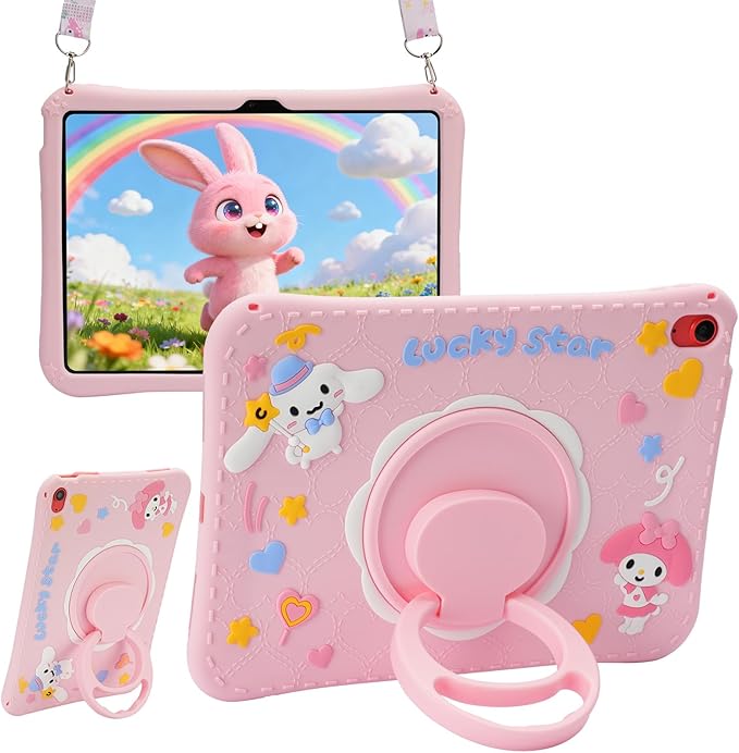 Kids iPad Case for A16 11th Generation 11 Inch 2025 &amp 10th Generation 10.9 Inch 2022 Pink Cute 3D Cartoon Design with 360 Rotatable Kickstand Adjustable Strap Shockproof Protective Cover for Gi