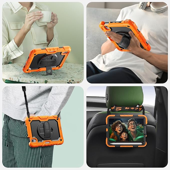 SEYMAC Case for iPad mini 7 (A17 Pro) 2024/ Mini 6 8.3″ Full-Body Shockproof Protective Case with Screen Protector Rotating Stand Hand/Shoulder Strap for iPad mini 7th/ 6th Generation Orange
