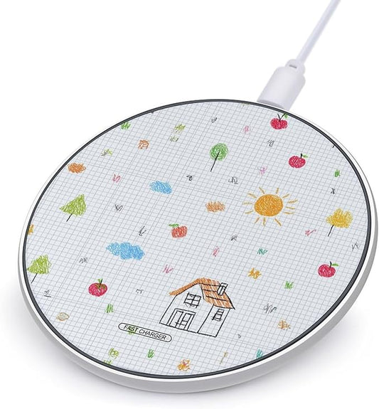 Cute Drawing Grid Paper Fast Portable Charger 10W Funny Graphic Phone Charging Pad with USB Cable