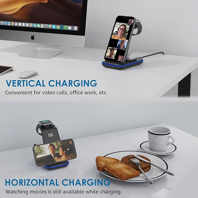 Minthouz Wireless Charger 3 in 1 Fast Wireless Charging Station with 20W Adapter for Multiple Devices Apple Watch AirPods Wireless Charger Stand Compatible with iPhone 14/13/12/11 Series