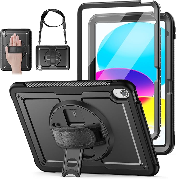 Case for iPad (A16) 11th/10th Generation 11''/10.9'' 2025/2022: Shockproof Protective Case with Hand/Shoulder Strap Pencil Holder Rotate Stand Screen Protector Black