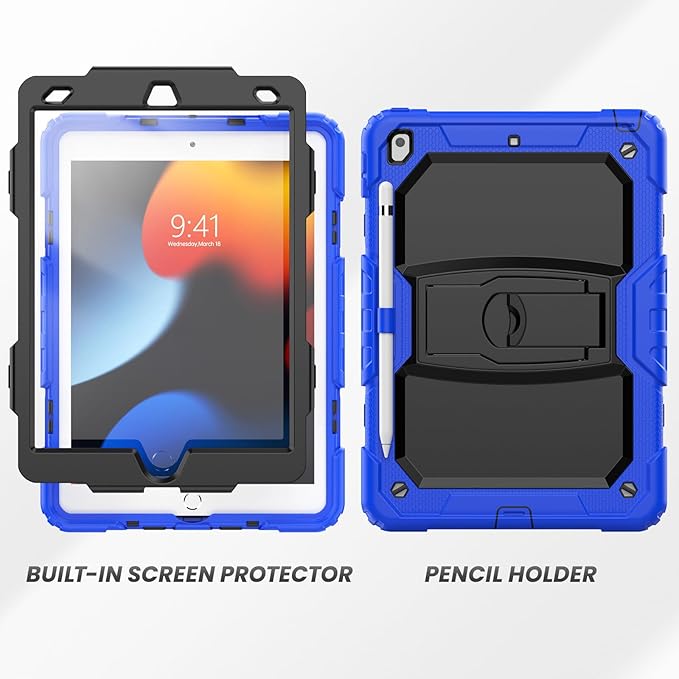 HXCASEAC Kids Case for iPad 9th/8th/7th Generation Full Body Protective Design | Foldable Stand | Screen Protector | Pencil Holder Durable for iPad 9th Gen / 8th Gen 10.2 inch Blue
