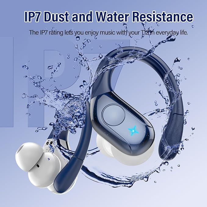 Wireless Earbuds Bluetooth Headphones Stereo Deep Bass Sports Ear Buds with Earhooks Bluetooth Earbuds LED Display IP7 Waterproof Earphone Dark Blue