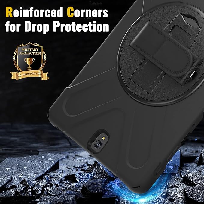 for Samsung Galaxy Tab S3 Case 9.7 inch 2017 SM-T820 T825 T827 Heavy Duty Full Body Shockproof Rugged Drop Protective Cover with 360° Rotating Stand Hand Strap Carrying Shoulder Strap Black