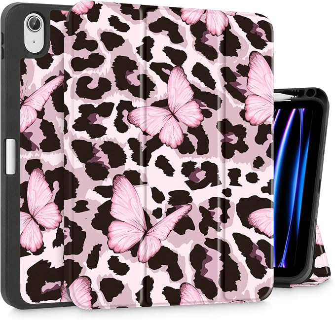 Mektron Case for iPad Air 11 inch (M4 2026 8th /M3 2025 7th /M2 2024 6th) Compatible with iPad Air 10.9 (2022 5th Gen /2020 4th Gen) Tablet Cover Buit in Pencil Holder Leopard Pink Butterfly