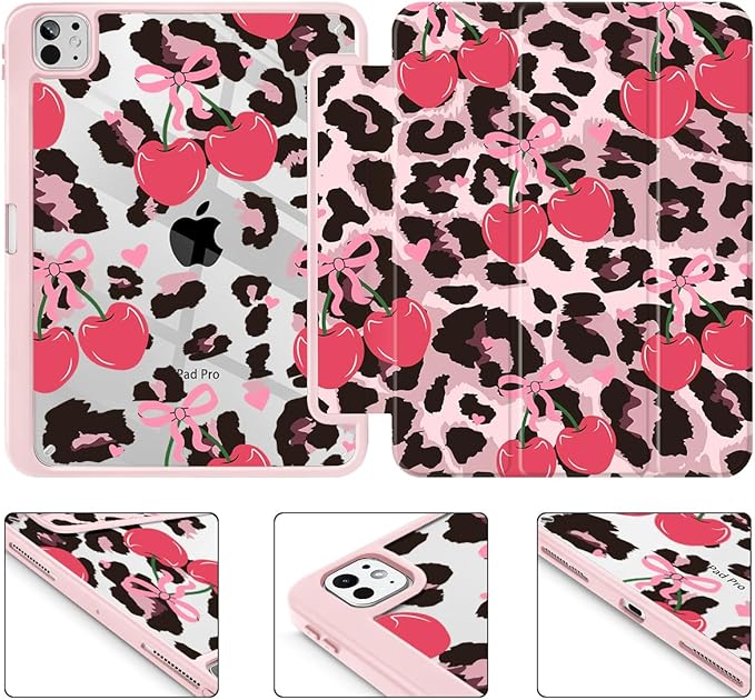 Mektron Case for M5/ M4 iPad Pro 11 inch 2025/2024 with Pencil Holder Compatible Models: A3357/A3358/A3359/A2836/A2837/A3006 Shockproof Cover Clear Shell Cherry &amp Cheetah