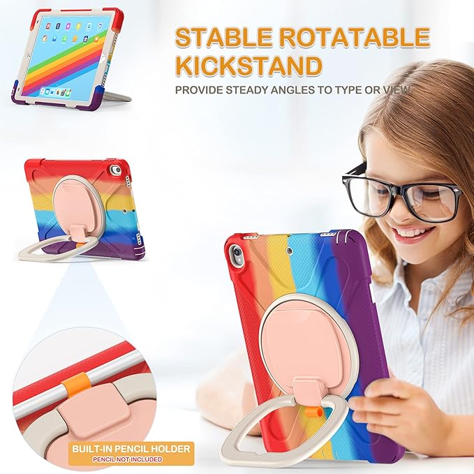 BRAECN Kids Case for iPad Pro 10.5” 2017/ iPad Air 3 Case 2019 Heavy Duty Rugged Hard Case Silicone with Pencil Holder Carrying Strap&ampKickstand for iPad Air 3rd Gen A1701 A1709 A2152-Colorful Re