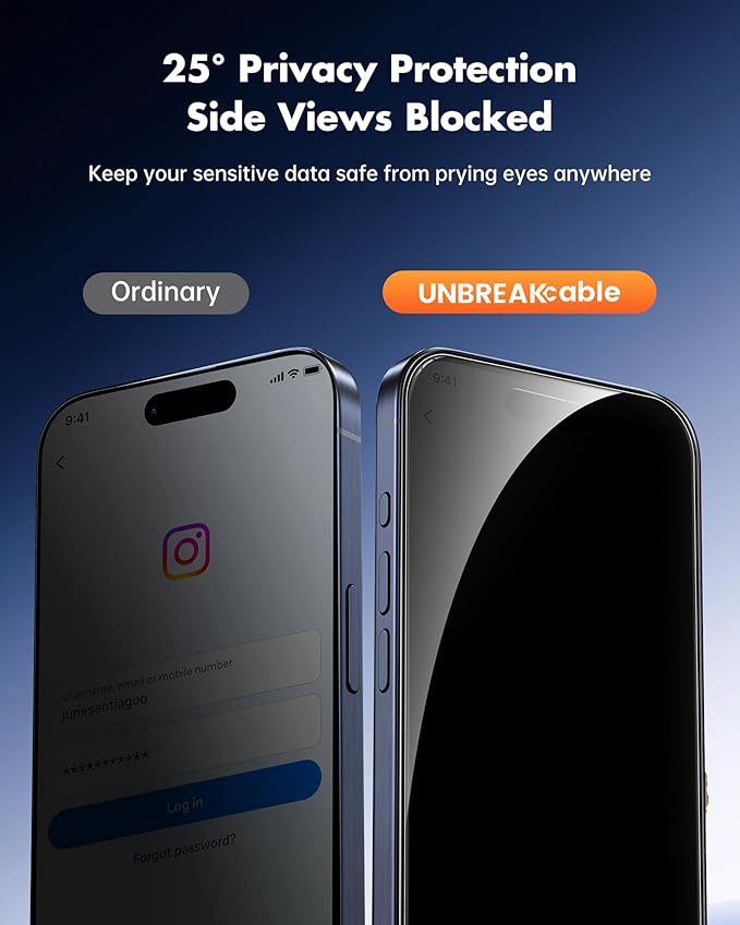 UNBREAKcable Privacy Screen Protector for iPhone 15 Pro Max (6.7) 25° Anti-Spy Tempered Glass Easy Install Alignment Frame Case-Friendly 9H Hardness Anti-Fingerprint 3-Pack