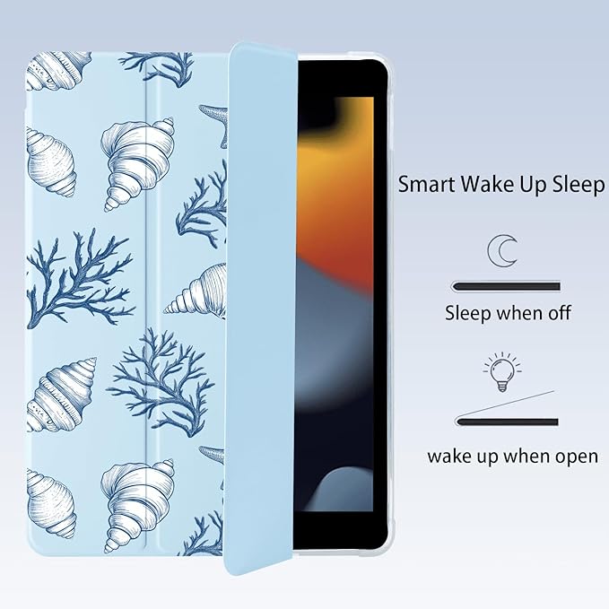Cute Conch Shell for iPad Air 11 Inch Case 7th/6th Generation (M3/M2) 2025/2024 with Pencil Holder Auto Sleep/Wake Blue Leather Soft TPU Back Cover