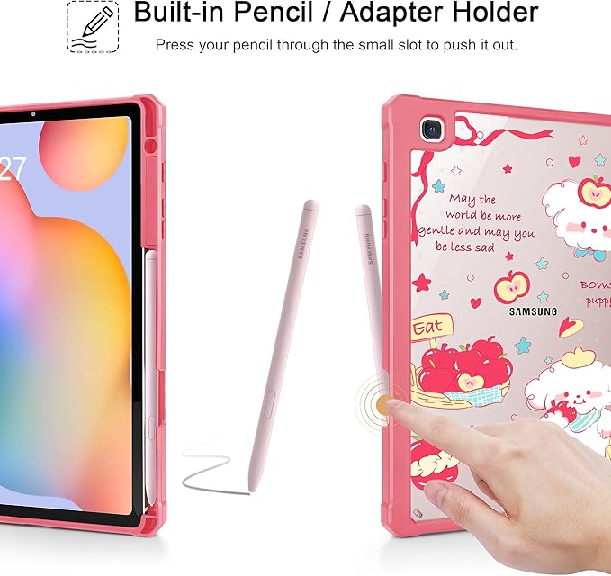 Mektron Case for Samsung Galaxy Tab S6 Lite 10.4 Inch 2024/2022/2020 with S Pen Holder Multi-Angle Viewing with Shockproof Cover Clear Shell + Trifold Stand + Auto Wake/Sleep Cute Puppy-Red