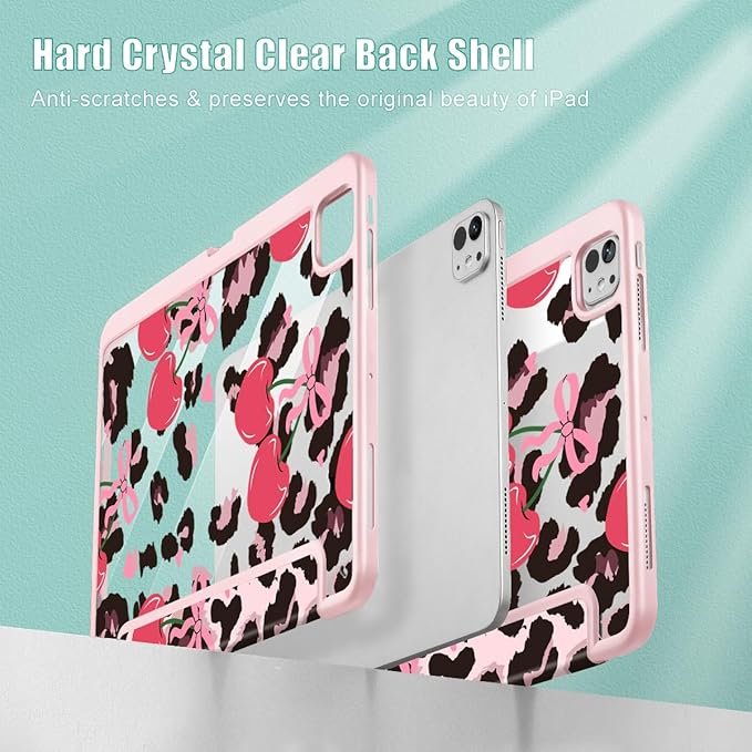 Mektron Case for M5/ M4 iPad Pro 11 inch 2025/2024 with Pencil Holder Compatible Models: A3357/A3358/A3359/A2836/A2837/A3006 Shockproof Cover Clear Shell Cherry &amp Cheetah