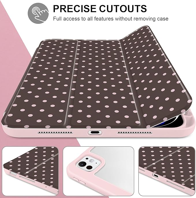 TWOLSKOO Case for iPad Pro 11-inch (M5 2025 / M4 2024) Clear Acrylic Back with TPU Bumper Pencil Holder Trifold Stand Auto Sleep/Wake Chocolate Polka Dot