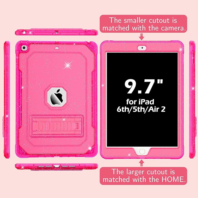 Case for iPad Air 2 Case for iPad 6th/5th Generation 2018/2017 for Apple iPad 9.7 inch with Screen Protector/Stand Glitter Hot Pink Full-Body Coverage Slim Cover for Girls Women Kids