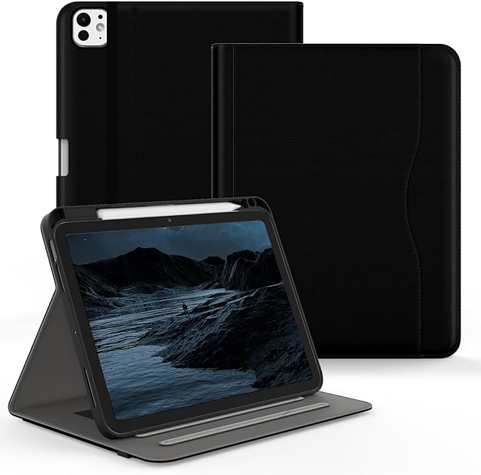 Case for iPad Pro 11 inch (M5/M4) 2025/2024 Multi-Angle PU Leather Cover for i Pad Pro 11 with Pencil Holder/Hand Strap/Pocket Auto Wake/Sleep Black