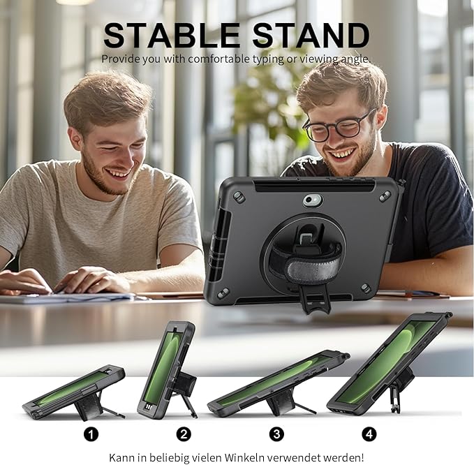 Junfire Shockproof Case for Samsung Galaxy Tab Active5 Pro 2025/ Active4 Pro 2022 Heavy Duty Rugged Case with Screen Protector/Hand Strap/360°Rotating Stand/Shoulder Belt/Pencil Holder Black