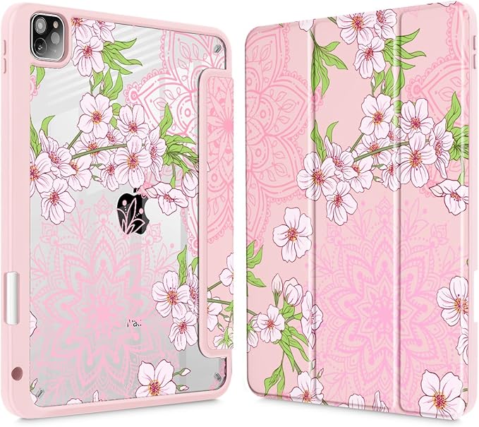 Mektron Case for iPad Pro 11 inch Case M2 2022 Generation 4th Fit 2021 2020 2018 iPad Pro 11 (3rd 2nd &amp 1st Gen) -Buit in Pencil Holder with Shockproof Cover Clear Shell Blossom Sakura-Pink