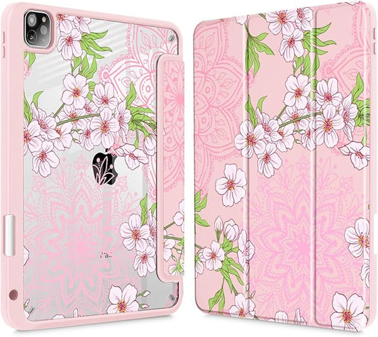 Mektron Case for iPad Pro 11 inch Case M2 2022 Generation 4th Fit 2021 2020 2018 iPad Pro 11 (3rd 2nd &amp 1st Gen) -Buit in Pencil Holder with Shockproof Cover Clear Shell Blossom Sakura-Pink