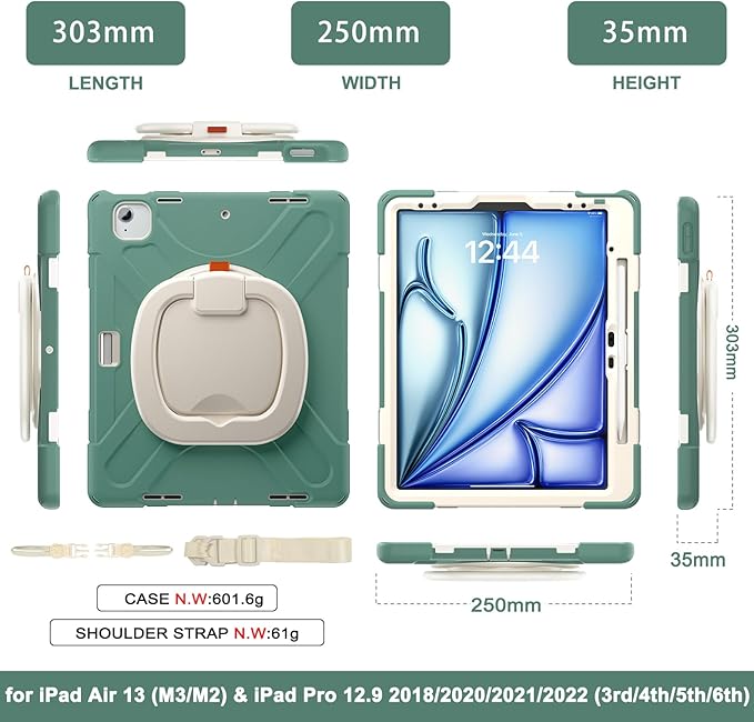 MEEgoodo Case for iPad Air 13 inch 2025 (M3) /2024 (M2) &amp iPad Pro 12.9 Case 6th/5th/4th/3rd Generation 2022 2021 2020 2018 Tablet Cover with Pencil Holder/Rotating Stand/Shoulder StrapEmerald G