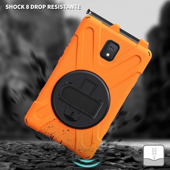 Case for Samsung Galaxy Tab Active 3 8 T570 T575 T577 Heavy Duty Shockproof Rugged 3 Layer Kids Durable Case with 360 Swivel Kickstand Shoulder Strap &amp Hand Strap (Orange)