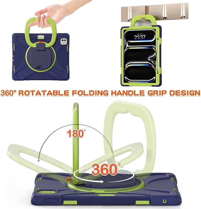 Batianda for New iPad Pro 13-inch Case 2025 M5 2024 M4 Chip Heavy Duty Rugged Durability Silicone Tablet Cover with 360° Rotating Ring Foldable Kickstand &amp Shoulder Strap Navy Green