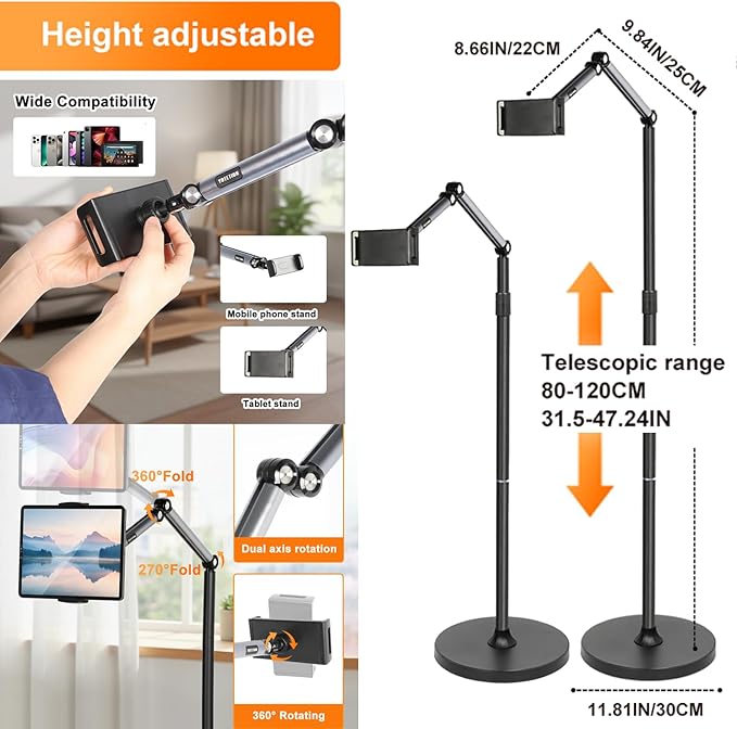 66“ Floor stand articulating arm with adjustable on Bed&ampCouch iphone stand and tablets standSturdy and Stable tripod replacementMinimalist Design Space-Saving Highly Flexiblecantilever Brac
