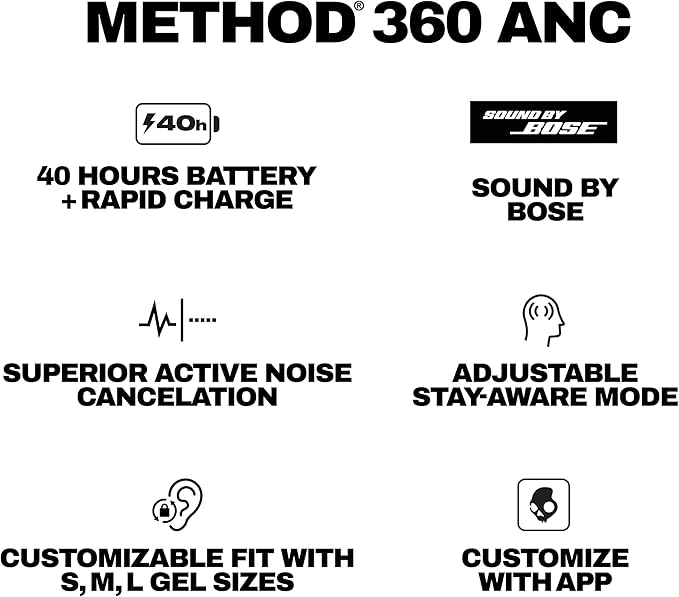 Skullcandy Method 360 ANC Wireless Earbuds Sound by Bose Bluetooth Headphones Premium Noise Cancelling Up to 40 Hrs Battery Sweat and Water Resistant Microphone for iPhone Android - Leopard