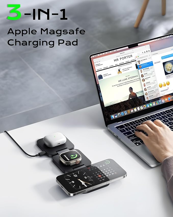Qi2 Certified 3 in 1 Travel Charger MagSafe Compatible Upgraded Foldable Wireless Charger Stand Mag-Safe 3 in 1 Charging Station15W Fast Charging for iPhone 17/16/15/14/13/12 Apple Watch AirPods