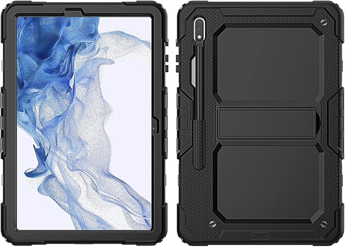 SaharaCase - Defense Series Case Cover for Samsung Galaxy Tab S8 (2022) [Shockproof Bumper] Rugged Full Screen Protection Integrated Kickstand Antislip Cover - Black