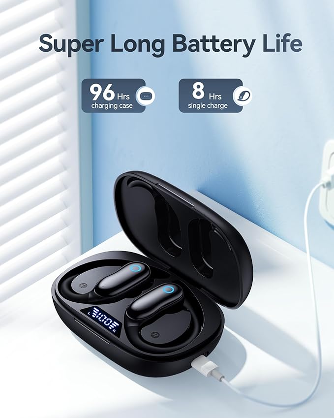 GNMN Active Noise Cancelling Ear Buds Wireless Earbuds 96hrs Playback Bluetooth Headphones Dual Battery Display Stereo Bass Earphones with Earhooks Microphone IPX7 Waterproof for Sports/Workout
