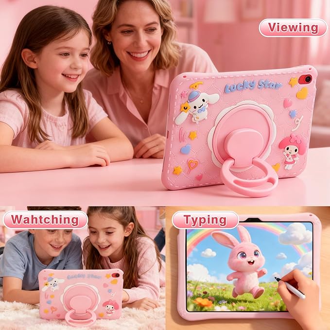 Kids iPad Case for A16 11th Generation 11 Inch 2025 &amp 10th Generation 10.9 Inch 2022 Pink Cute 3D Cartoon Design with 360 Rotatable Kickstand Adjustable Strap Shockproof Protective Cover for Gi