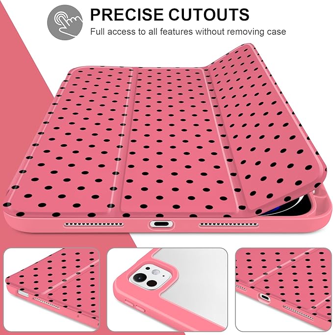 Case for iPad Pro 11 Inch (M5 2025 M4 2024) – [Built-in Pencil Holder] Shockproof &amp Stylish Clear Hard Back + Soft TPU Edge Magnetic Trifold Stand Auto Wake/Sleep Rose red Polka dot