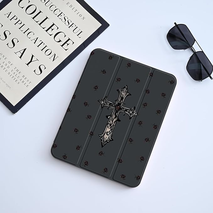 Y2k Printed Case for iPad Air 13 (M3) 2025/ (M2) 2024 Gothic Dark Rose Cross Clear Hard Back Hybrid Casewith Pencil Holder Trifold Stand Slim Tablet Cover for Girls Women