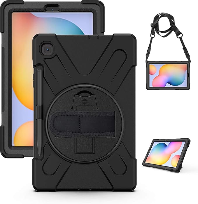 KIQ Shield Series Galaxy S6 Lite Case Heavy Duty Tablet Shockproof Rugged Tab S6 Lite Cover W/Stand Shoulder Strap for Samsung Galaxy Tab S6 Lite 10.4 Inch 2022/2020 P610/P613/P615/P619 - Black