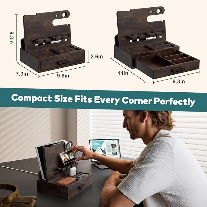 Sephyroth Bamboo Phone Docking Station Nightstand Organizer Bedside Organizer Cell Phone Stand Gifts for Men Dad Gifts for Boyfriend Gift for Husband with Drawer Storage (Brown)