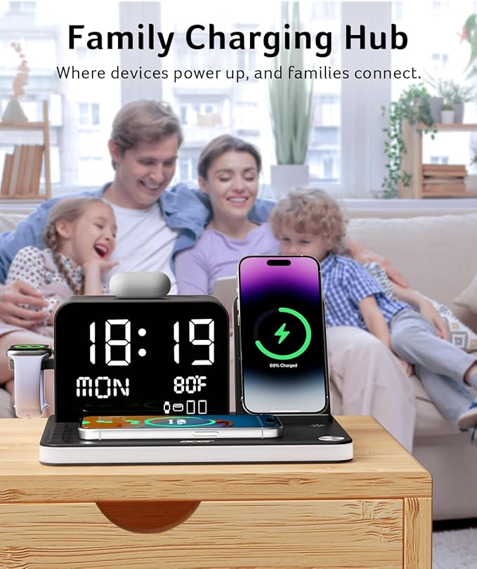 acer 7-in-1 Wireless Charging Station: Charger Stand for Multiple Devices for Apple - iPhone 16 15 14 13 12 Pro Max Apple Watch Airpods Wireless Charger iPhone Charging Station with Bluetooth TimeSyn
