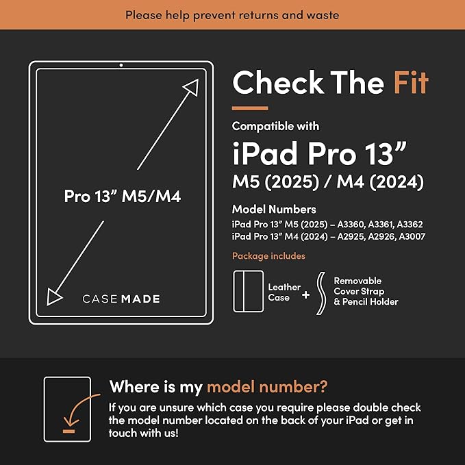 Casemade Real Leather Case Compatible with iPad Pro 13” M5 (2025)/M4 (2024) - Full-Grain Leather Cover Auto Sleep/Wake Dual Stand Position (Tan)