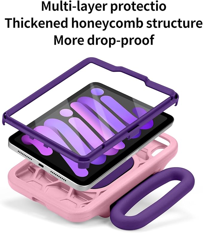 Kids Case for iPad mini 7 (A17 Pro) 2024 / iPad mini 6 2021 Adjustable Portrait/Landscape Stand Drop Proof Handle Kickstand Child Friendly with Screen Protector for iPad mini7th/6 8.3 inch(Pink)