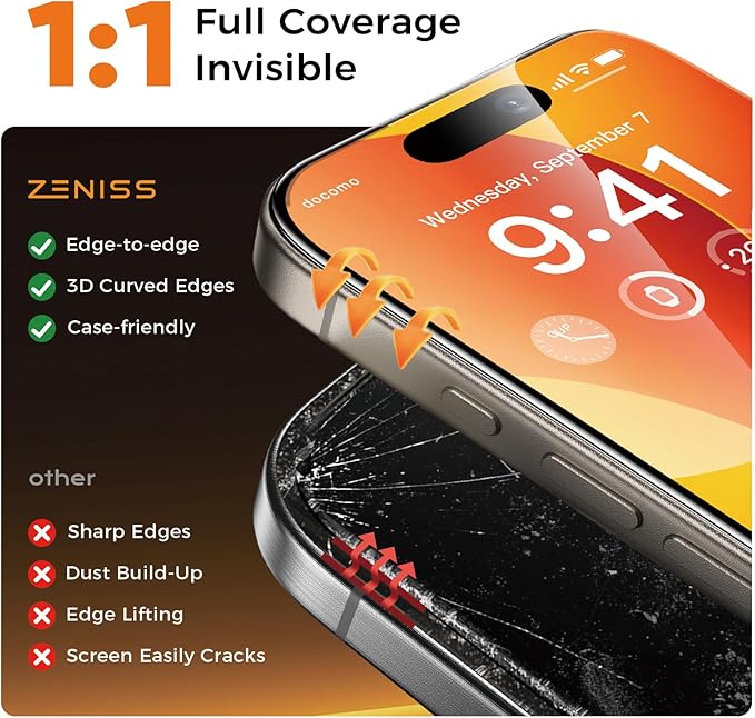 NeverBreak 9H+ Hardness for iPhone 15 Pro Screen Protector 12FT Military Grade Protection (Scratch Shatter Drop Resistance) 15 Pro Tempered Glass Full Edge Coverage 6.1 2 Pack with De-Bubble Card