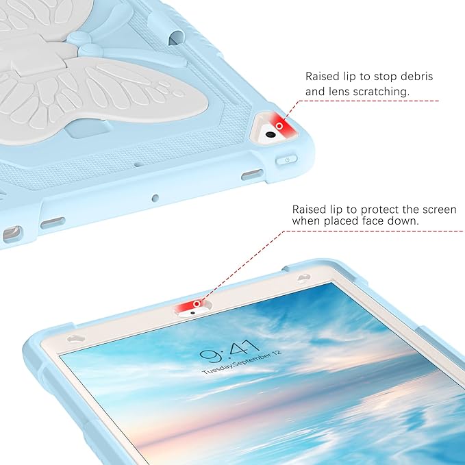 YINLAI Case for iPad 9th 8th 7th Generation 10.2 Inch iPad air 3rd Case with Pencil Holder Butterfly Kickstand Kid Girl Shockproof Protective Cover for iPad 9 8 7 Gen 2021/2020/2019 Blue