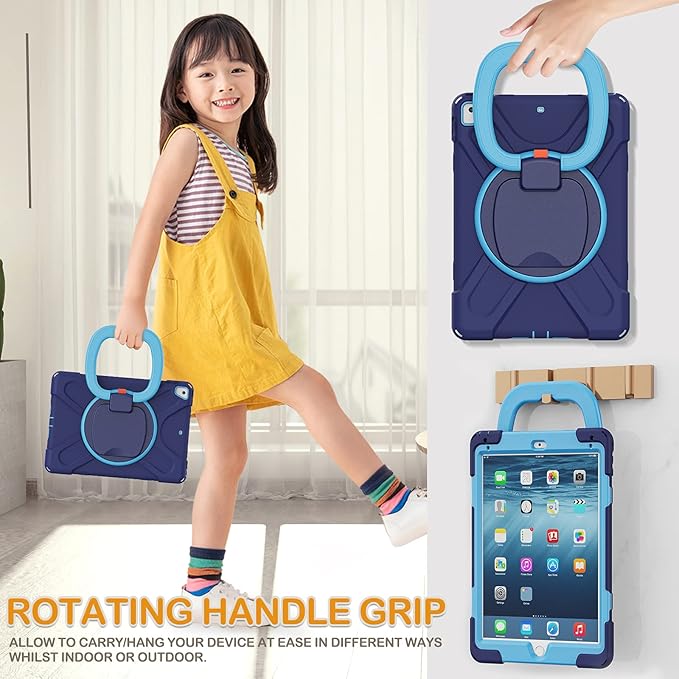 BRAECN Silicone Case for iPad 9.7 Inch 6th/5th Generation iPad Pro 9.7 iPad Air 2 Triple Protected Rugged Cover with Stable Kickstand/Hand Grip/Pencil Holder/Shoulder Strap for Kids-Navy+Blue