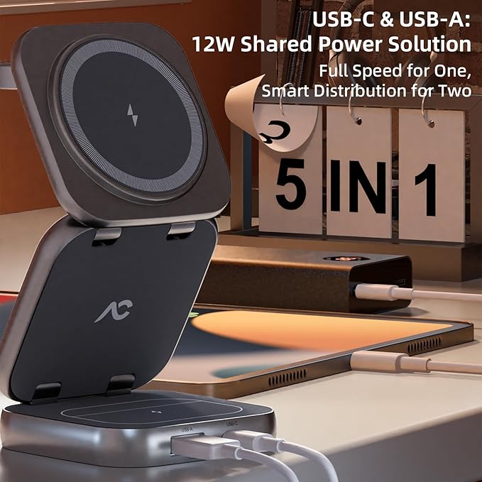 5-in-1 Wireless Charger for MagSafe AC ISLAND Portable Travel Charging Station 35W Max Fast Foldable Magnetic Stand Evolved for iPhone 17-12 &amp Air Series Apple Watch AirPods (with 35W Adapter