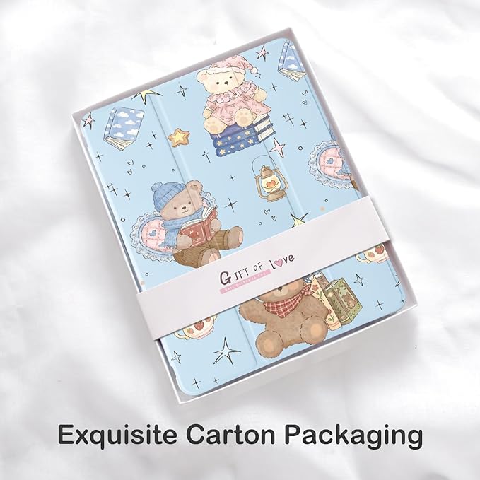 Cute Kawaii Bear for iPad Pro 13 Inch Case (M5/M4) 2025/2024 with Pencil Holder Auto Sleep/Wake Blue Leather Soft TPU Back Cover