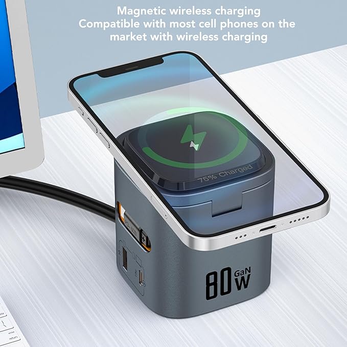 ZJchao Wireless Charging Station GaN 80W 6 in 1 PD Fast Charging Wireless Charging Cube with Retractable Cord for Travel Office Home ABS PC Fireproof Material (US Plug)
